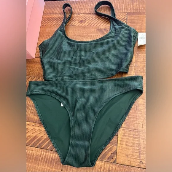 NWT Aerie FULL SET Shine Rib Longline Scoop Top + Full Coverage Bottom Sycamore - Picture 3 of 5